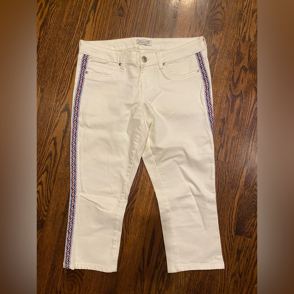 Seven White Capri Crop Pants Embroidered Stitched Side Southwest Women's Size 10